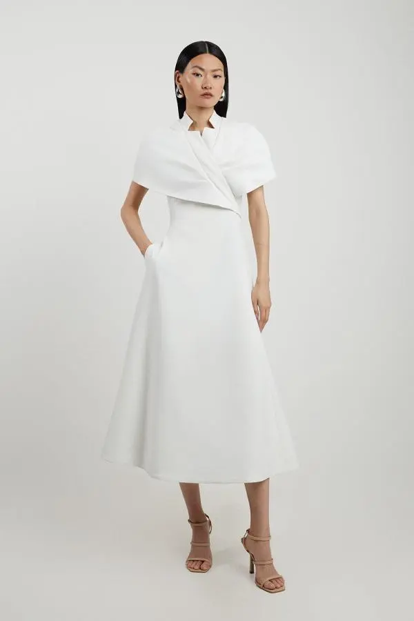 Petite Structured Crepe Cape Detail Full Skirted Tailored Midi Dress - Ivory