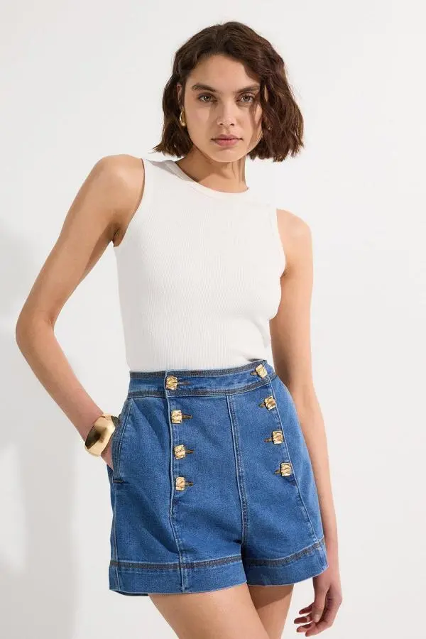 Denim Button Front Tailored Shorts - Mid Blue