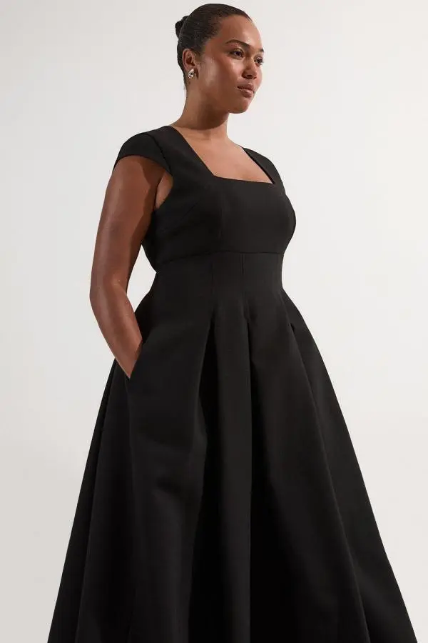 Plus Size Clean Tailored Square Neck Full Skirted Midi Dress - Black