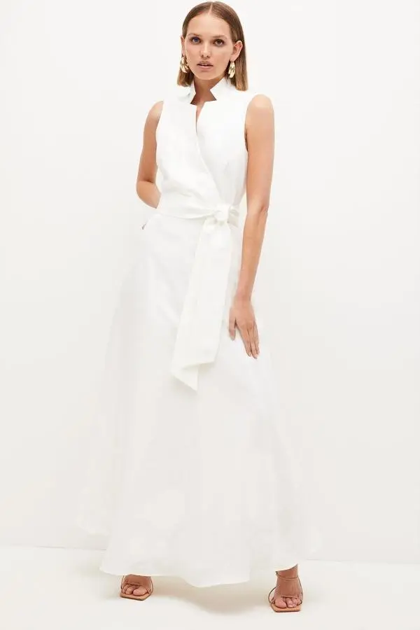 Lydia Millen Petite Linen Wrap Tie Waisted Maxi Dress - Ivory