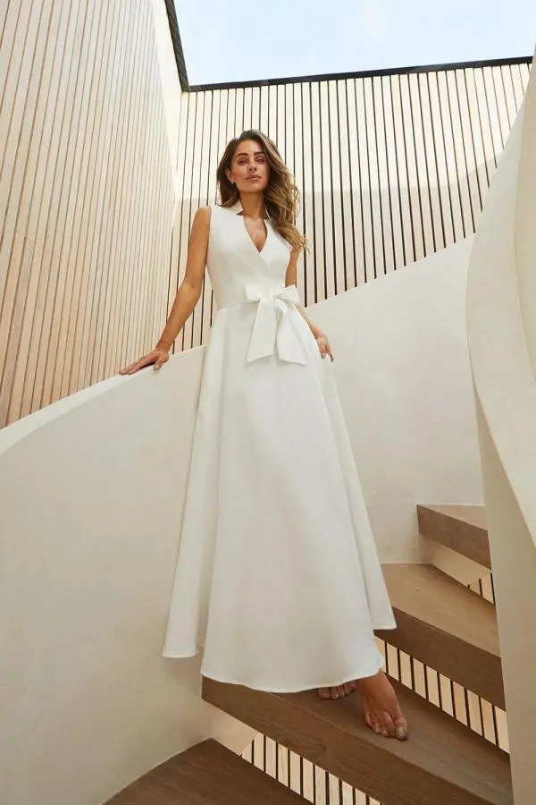 Lydia Millen Petite Linen Wrap Tie Waisted Maxi Dress - Ivory