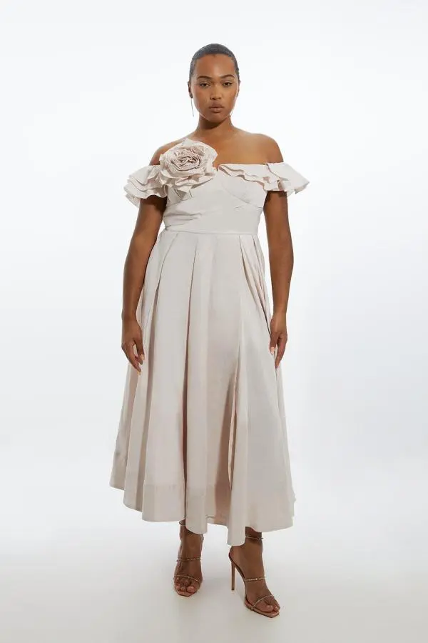 Plus Size Off The Shoulder Taffeta Woven Maxi Dress - Neutral