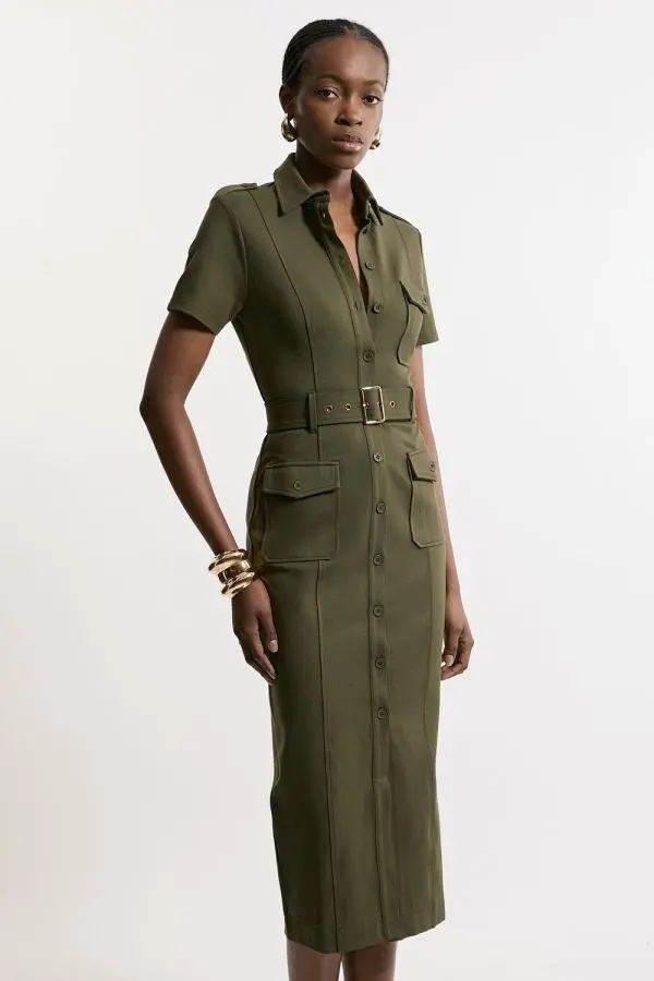 Pocket Detail Ponte Jersey Short Sleeve Midi Dress - Khaki/Green
