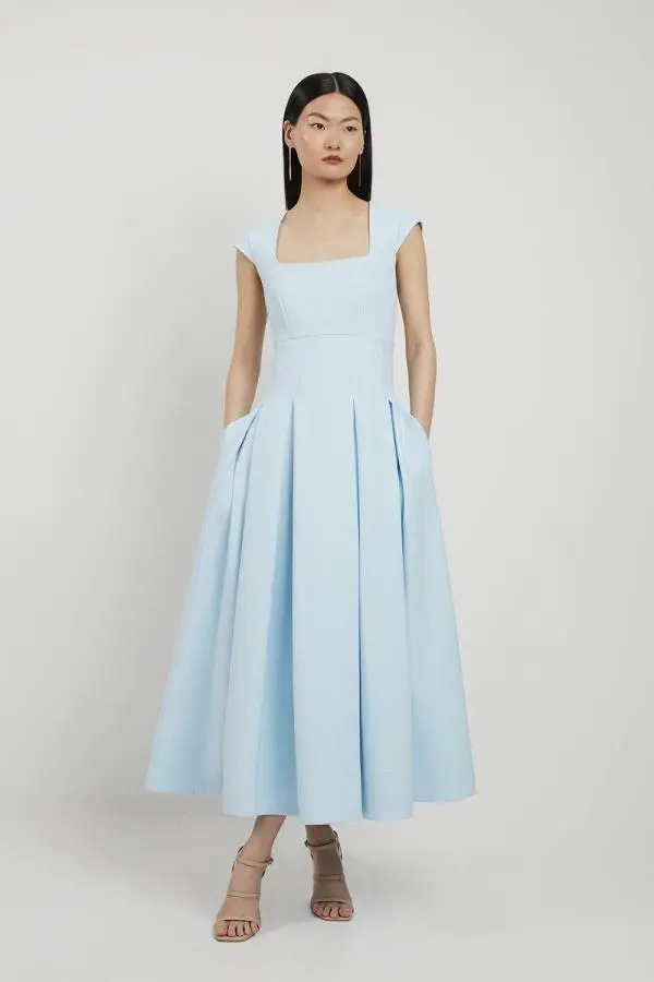 Petite Compact Stretch Clean Tailored Square Neck Full Skirted Midi Dress - Pale Blue