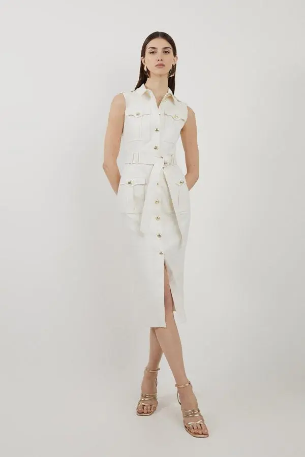 Petite Tailored Denim Cargo Pocket Belted Midi Shirt Dress - Ivory