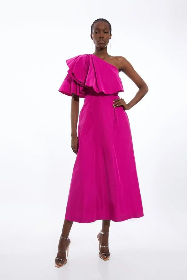 Taffeta One Shoulder Ruffle Midi Dress - Pink