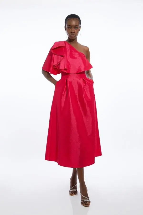 Taffeta One Shoulder Ruffle Midi Dress - Pink
