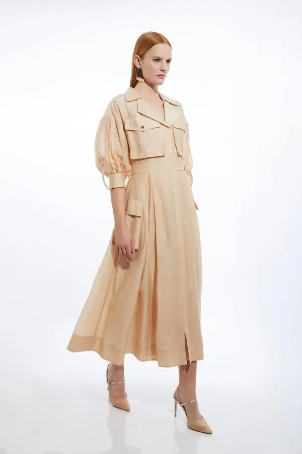 Organdie Slub Utility Pocket Detail Woven Shirt Dress - Pink
