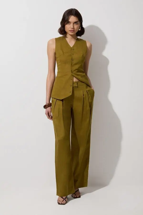 Tall Viscose Linen Pleat And Pocket Detail Woven Straight Leg Trouser - Khaki/Green