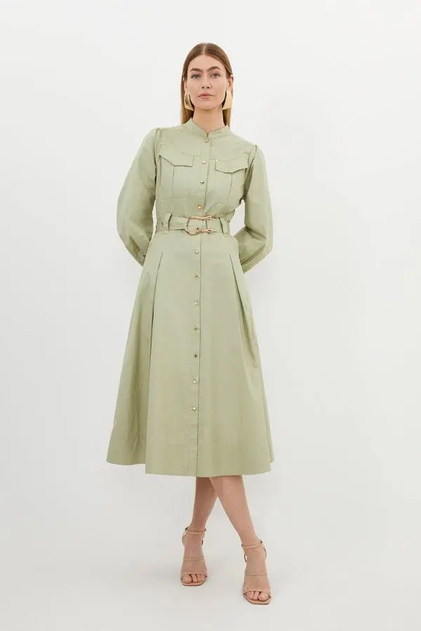 Cotton Sateen Button Detail Woven Midi Shirt Dress - Khaki/Green