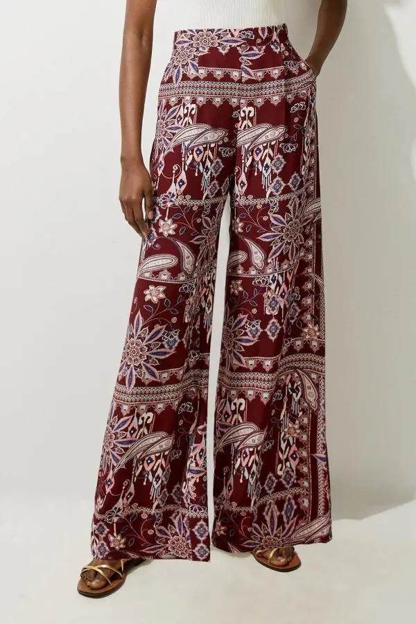 Tall Mixed Print Viscose Crepe Woven High Waisted Trousers - Orange