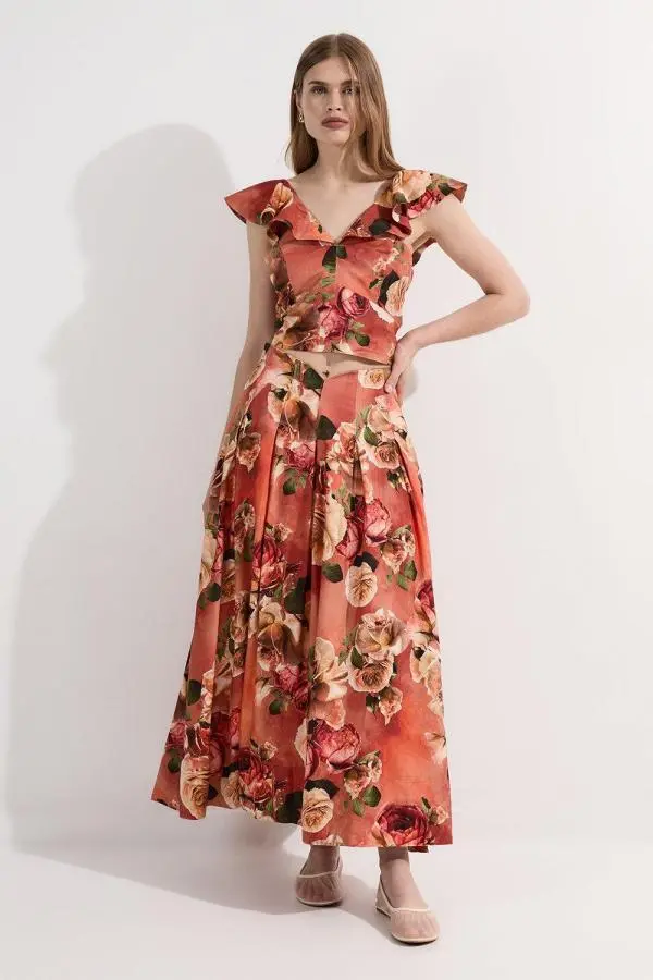Floral Viscose Linen High Waisted Woven Maxi Skirt - Orange