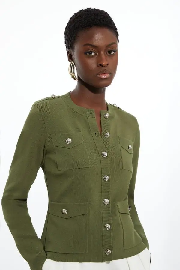 Military Trim Knitted Four Pocket Jacket - Olive