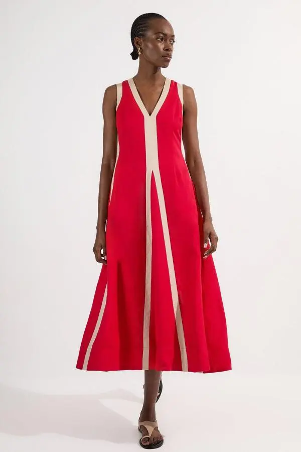 Contrast Linen Plunge Neck Woven Maxi Dress - Red