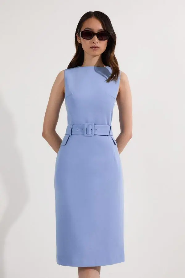 Compact Essential Belted Tailored Midi Dress - Pale Blue