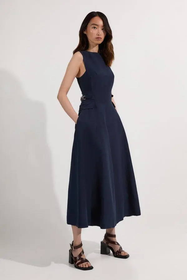 Premium Linen Tab Waist Detail Full Skirt Tailored Midi Dress - Navy