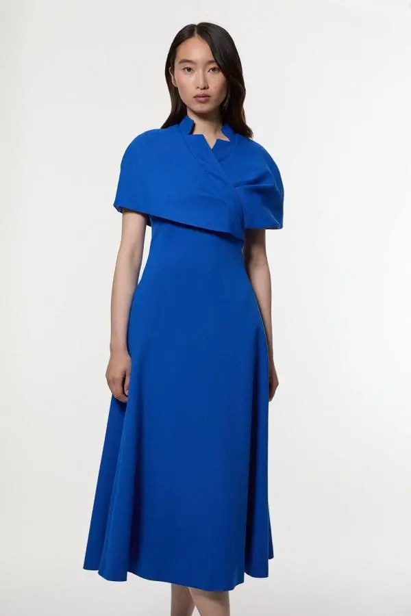Structured Crepe Cape Detail Full Skirted Tailored Midi Dress - Blue