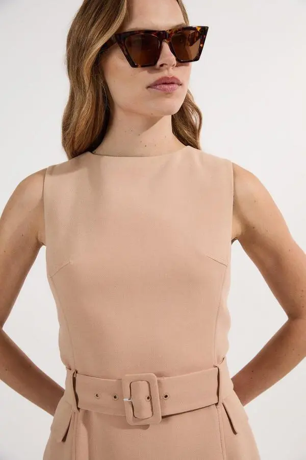 Compact Essential Belted Tailored Midi Dress - Camel