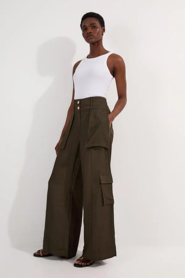 Premium Linen Twill Top Stitch Woven Trouser - Khaki/Green