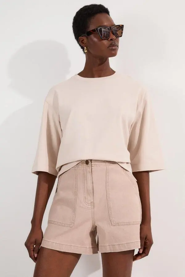 Coloured Denim Tailored Short - Brown