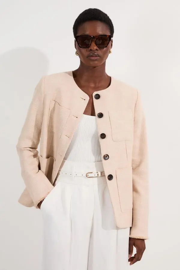 Spring Tweed Tailored Pocket Front Tailored Blazer - Neutral