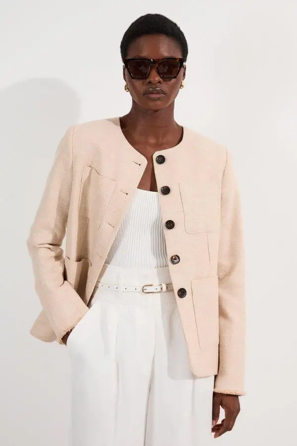 Spring Tweed Tailored Pocket Front Tailored Blazer - Neutral