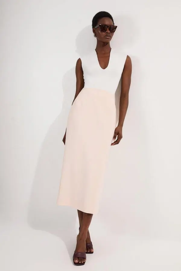 Compact Stretch Pocket Detail Tailored Midi Pencil Skirt - Ivory