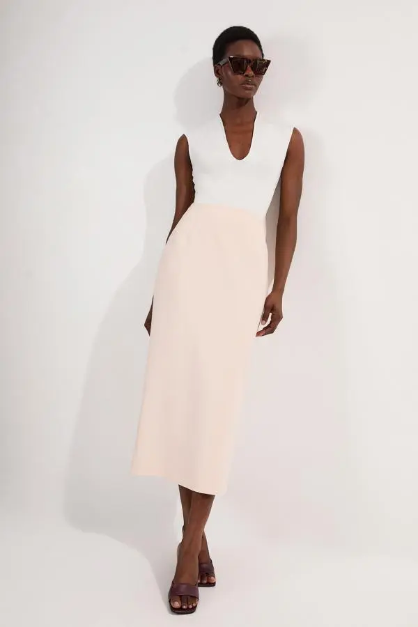 Compact Stretch Pocket Detail Tailored Midi Pencil Skirt - Ivory