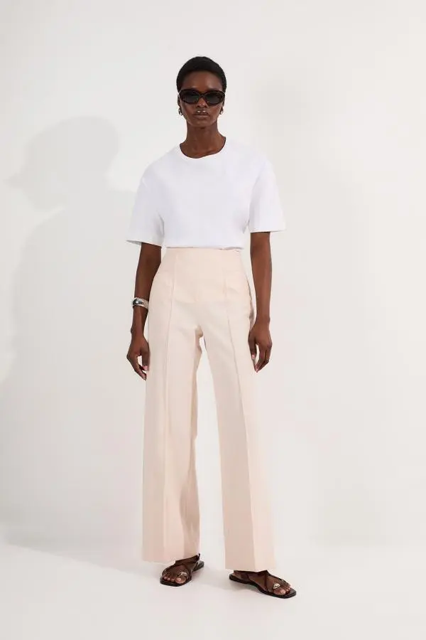 Compact Stretch Pocket Detail Tailored Wide Leg Trouser - Ivory