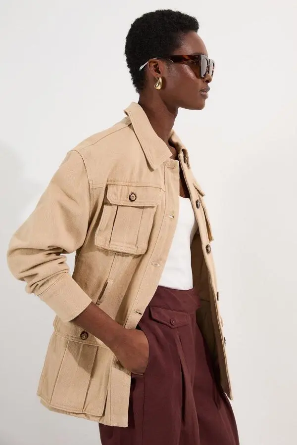 Denim Pocket Detail Belted Safari Jacket - Brown