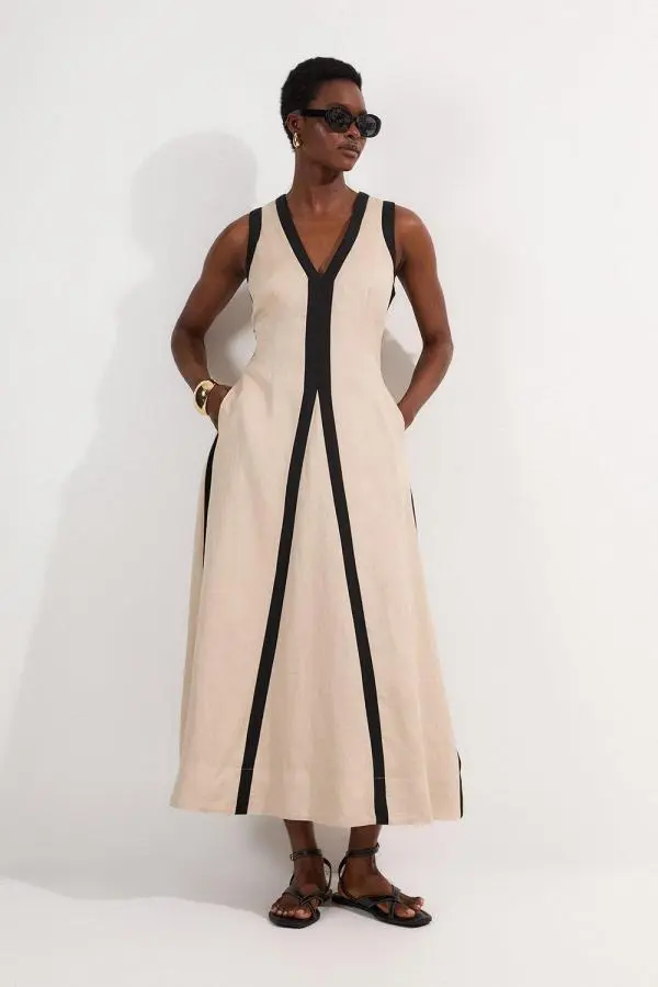 Contrast Linen Plunge Neck Woven Maxi Dress - Brown