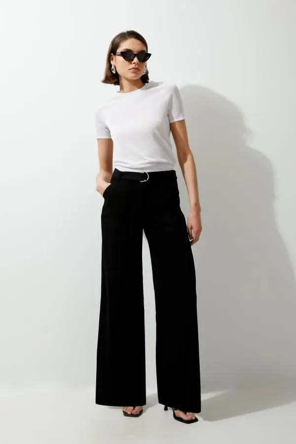 Soft Tailored Belted Wide Leg Trousers - Black