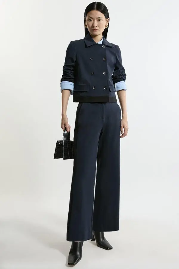 Compact Stretch Tailored High Waisted Slim Leg Trousers - Navy