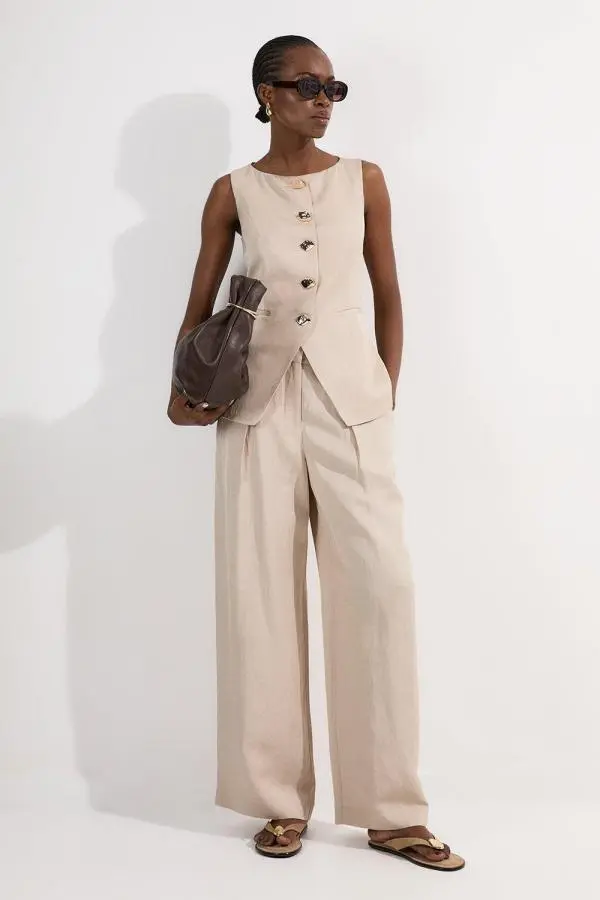 Tailored Viscose Linen Wide Leg Trouser - Champagne