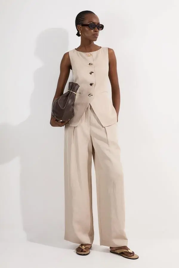 Tailored Viscose Linen Wide Leg Trouser - Champagne
