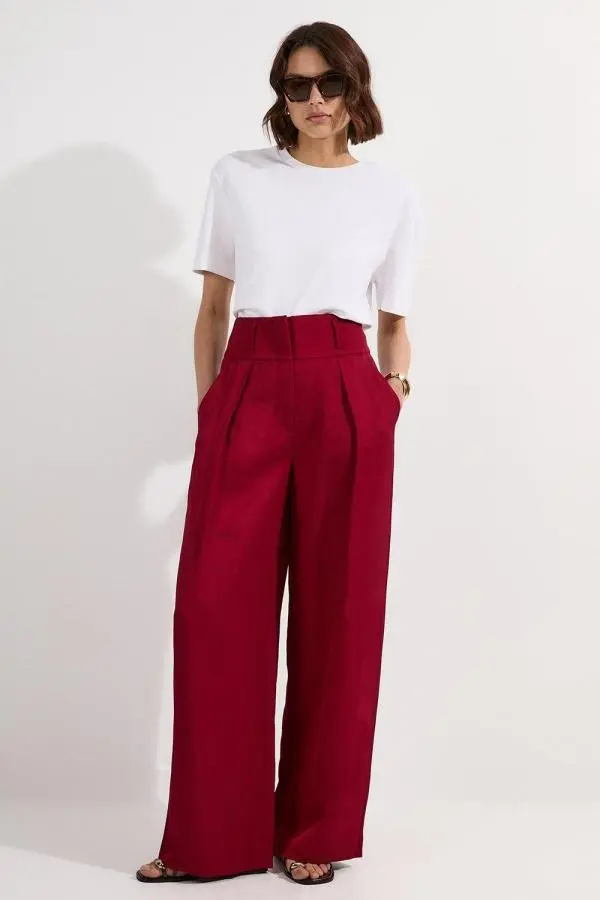 Tailored Viscose Linen Wide Leg Trouser - Dark Pink