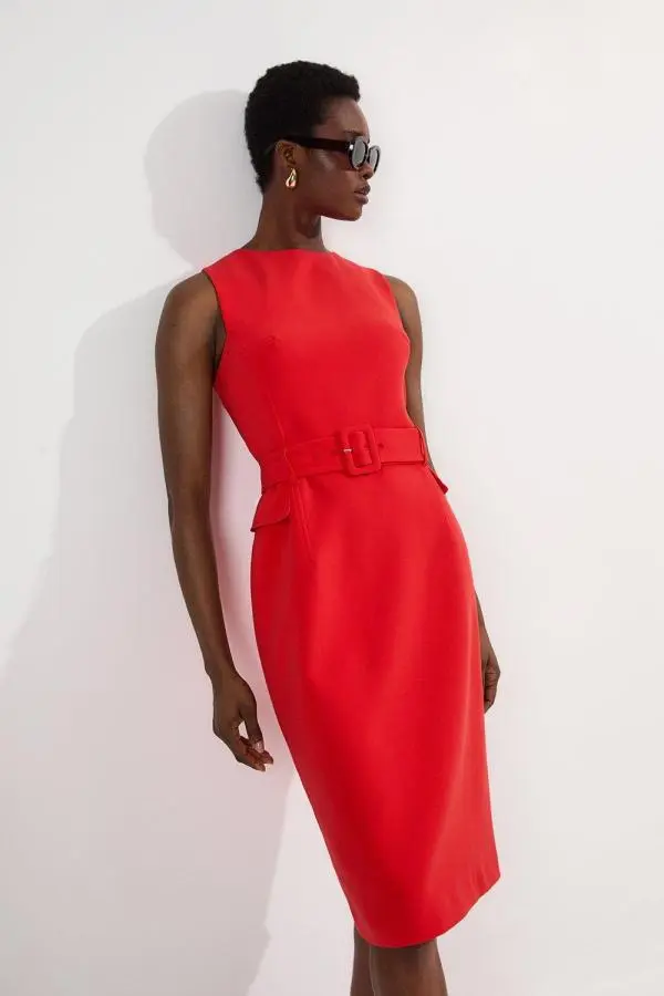 Compact Essential Belted Tailored Midi Dress - Red