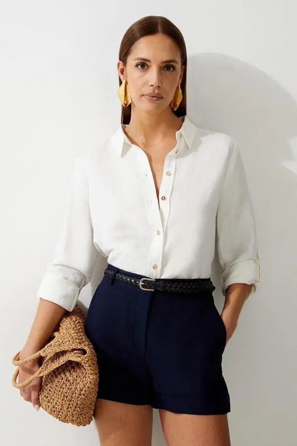 Premium Linen Viscose Tailored Turn Up Hem Shorts - Navy