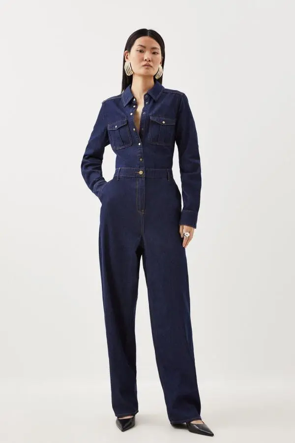 Denim Long Sleeve Jumpsuit - Indigo