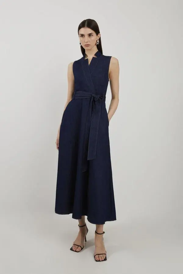 Denim Tailored Notch Neck Belted Fluid Midi Dress - Indigo
