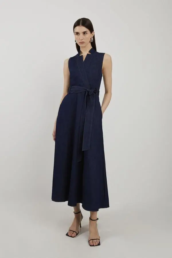 Denim Tailored Notch Neck Belted Fluid Midi Dress - Indigo