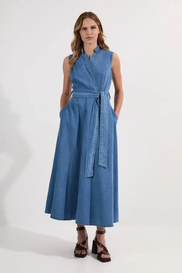 Denim Tailored Notch Neck Belted Fluid Midi Dress - Mid Blue