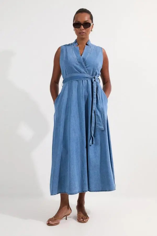 Plus Size Denim Tailored Notch Neck Belted Fluid Midi Dress - Mid Blue