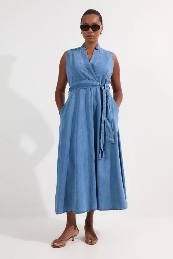 Plus Size Denim Tailored Notch Neck Belted Fluid Midi Dress - Mid Blue