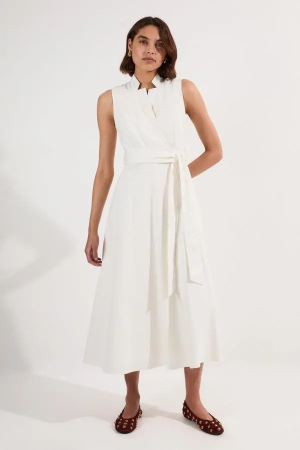 Denim Tailored Notch Neck Belted Fluid Midi Dress - Ivory
