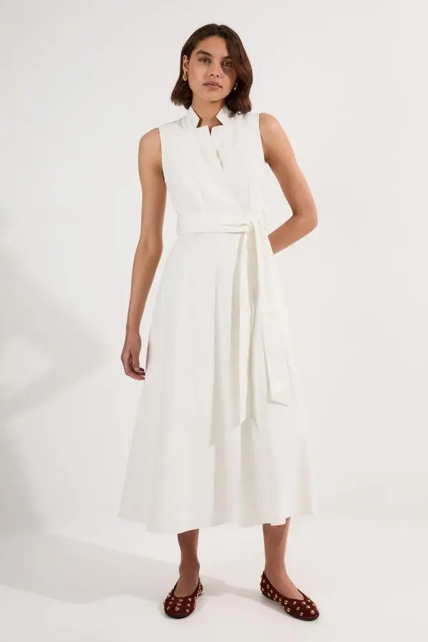 Denim Tailored Notch Neck Belted Fluid Midi Dress - Ivory