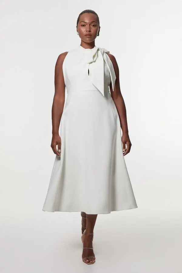 Plus Size Compact Stretch Tie Neck Full Skirted Midi Dress - Ivory