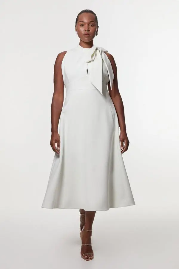 Plus Size Compact Stretch Tie Neck Full Skirted Midi Dress - Ivory