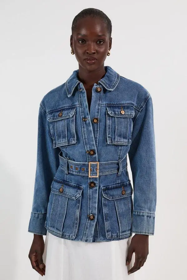 Denim Pocket Detail Belted Safari Jacket - Mid Blue
