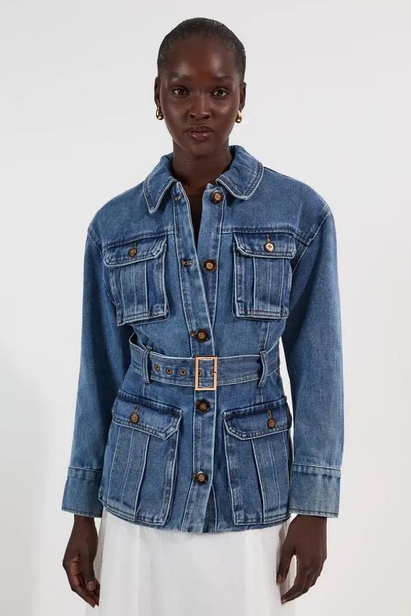 Denim Pocket Detail Belted Safari Jacket - Mid Blue